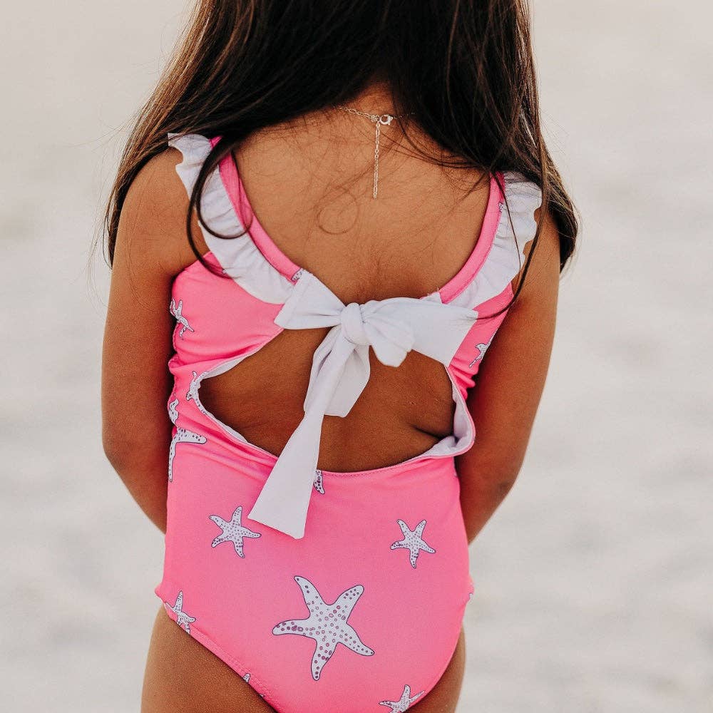 Sugar Bee Clothing - Girls Swimsuit - Bow Back - Pink Starfish