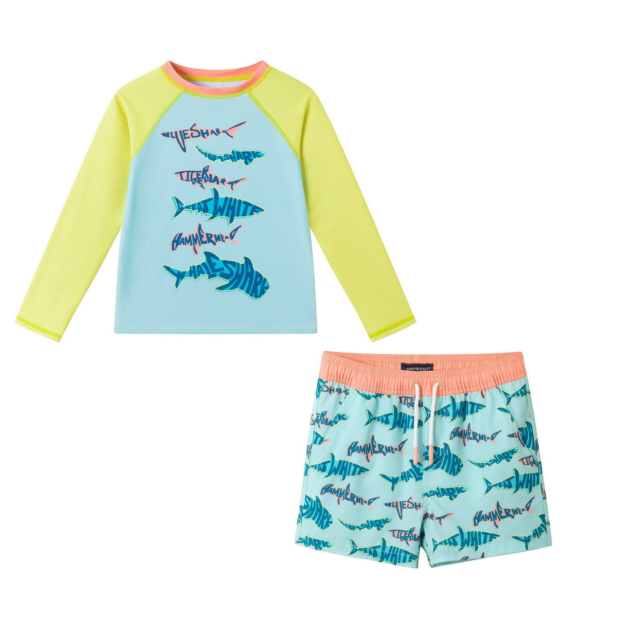 Andy & Evan - Boys Long Sleeve Rashguard Set | Aqua & Lime Shark
