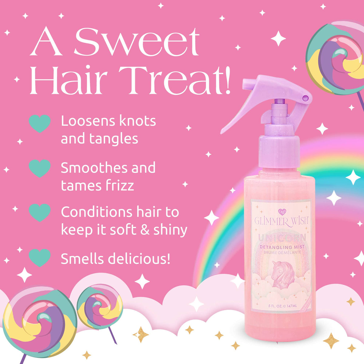 Glimmer Wish - Unicorn Hair Detangling Mist | Detangler Spray, Perfect Gift