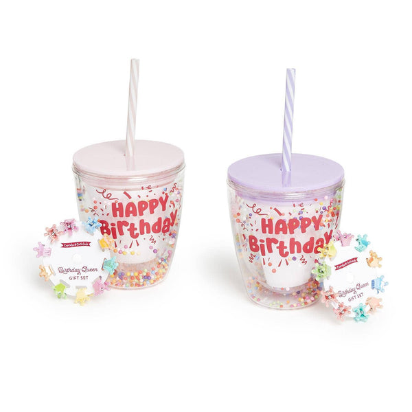 Cupcakes & Cartwheels by Two's Company - Birthday Gift Set Confetti Tumbler and Crown Hair Clips