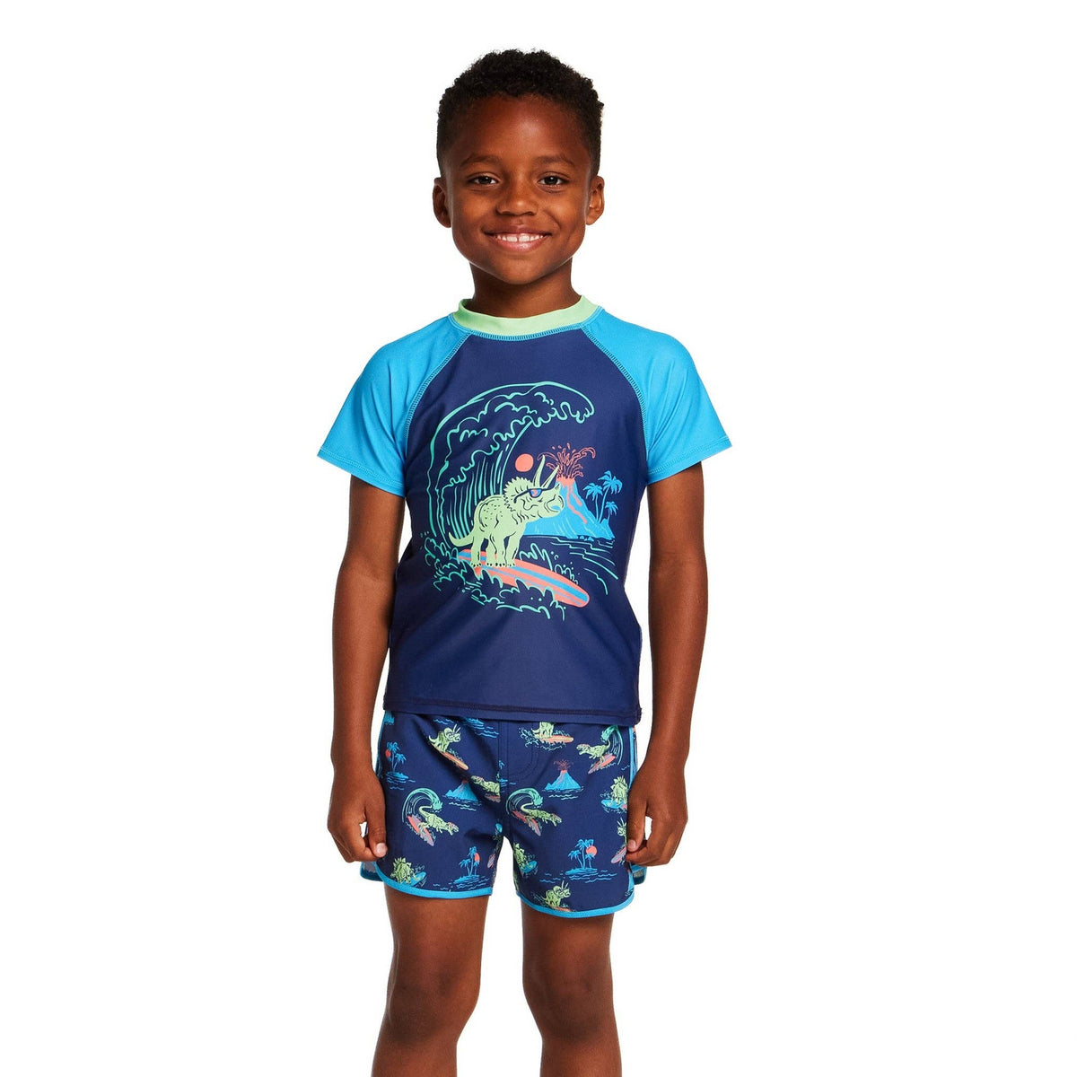 Andy & Evan - Boys Short Sleeve Rashguard Set | Navy Dino