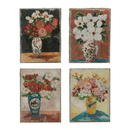 Creative Co-Op Wood Framed Canvas Wall Décor w/ Flowers in Vases, 4 Styles