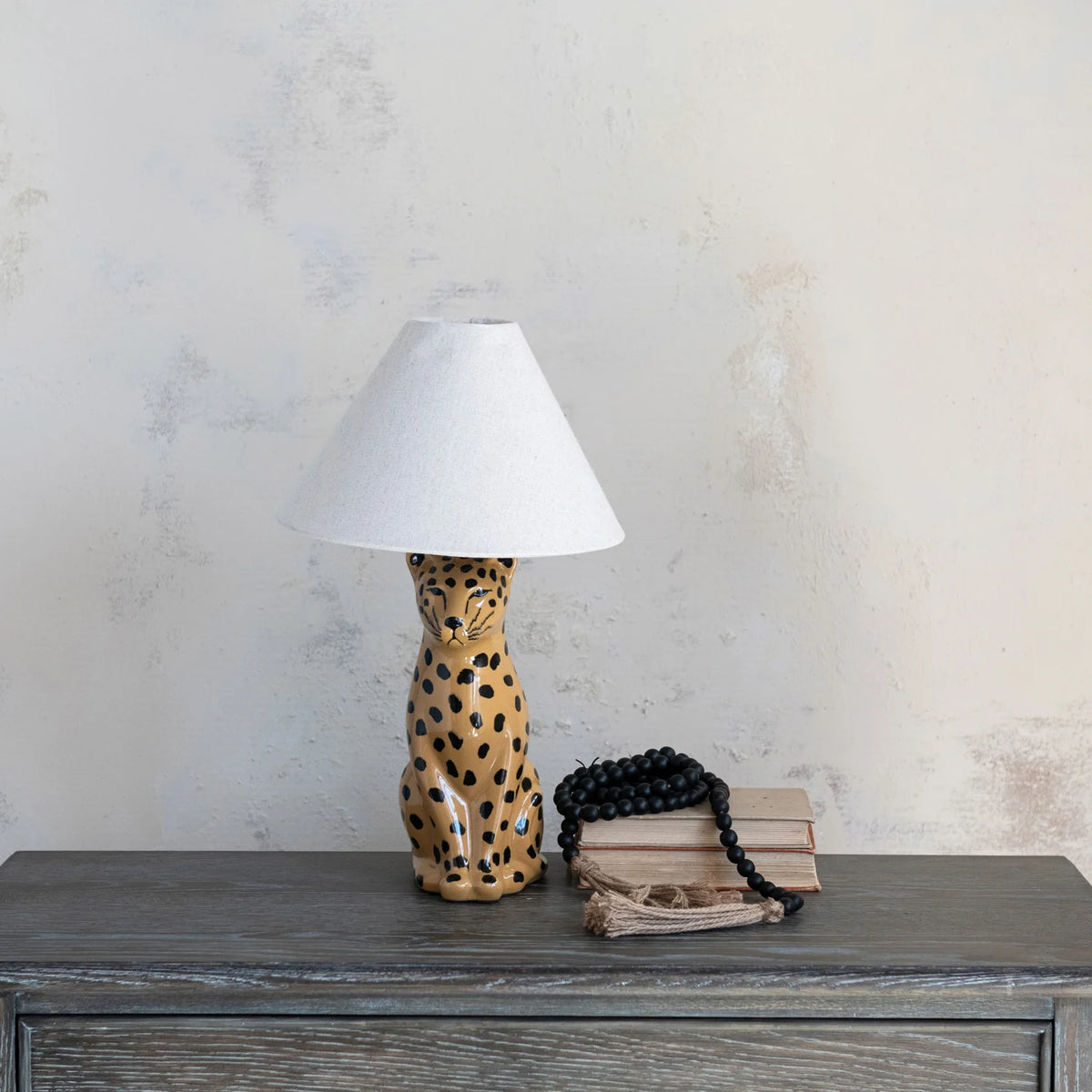 Creative Co-op Ceramic Cheetah Table Lamp with Linen Shade & Inline Switch