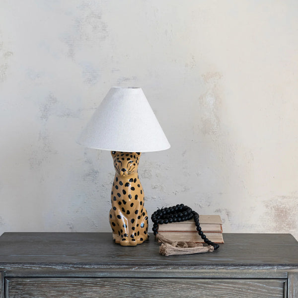 Creative Co-op Ceramic Cheetah Table Lamp with Linen Shade & Inline Switch