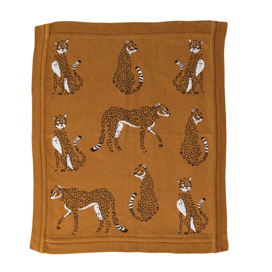 Creative Co-op Cotton Knit Baby Blanket with Cheetahs