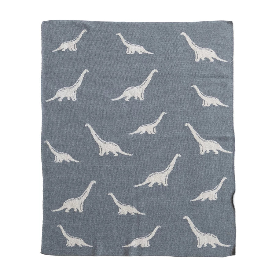 Creative Co-Op Cotton Knit Baby Blanket with Dinosaurs, Light Grey & Natural