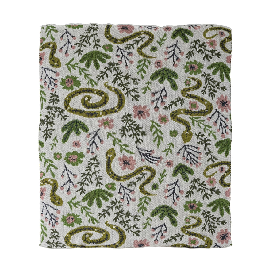 Creative Co-Op Cotton Knit Baby Blanket with Snakes & Florals