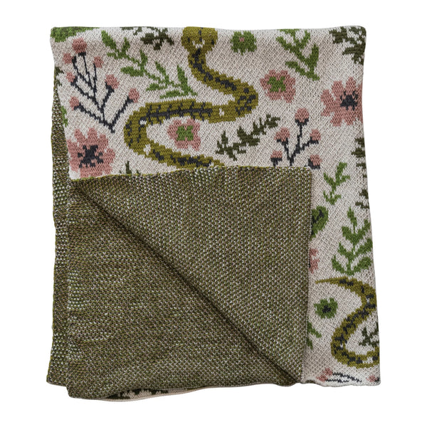 Creative Co-Op Cotton Knit Baby Blanket with Snakes & Florals