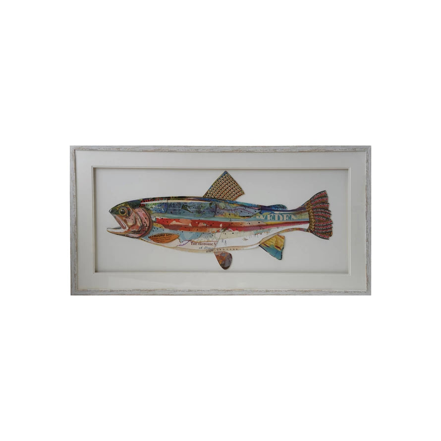 Creative Co-op Framed Shadow Box Wall Décor with Paper Collage Fish