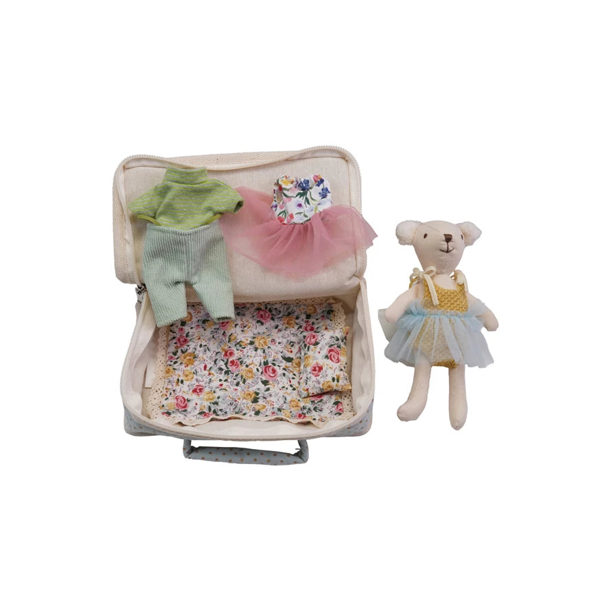 Creative Co-Op Fabric Suitcase Bed with Mouse Doll and multi color Outfits