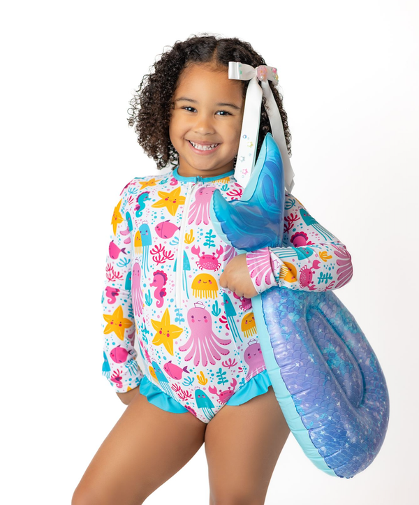 Millie Loves Lily - Girls Swim Ocean Wonder Ruffle-Accent One-Piece Rashguard