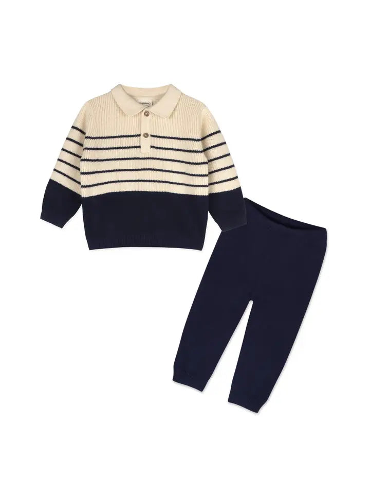 Viverano Organics Classic Stripe Polo Sweater Knit Baby Pullover & Pant Set