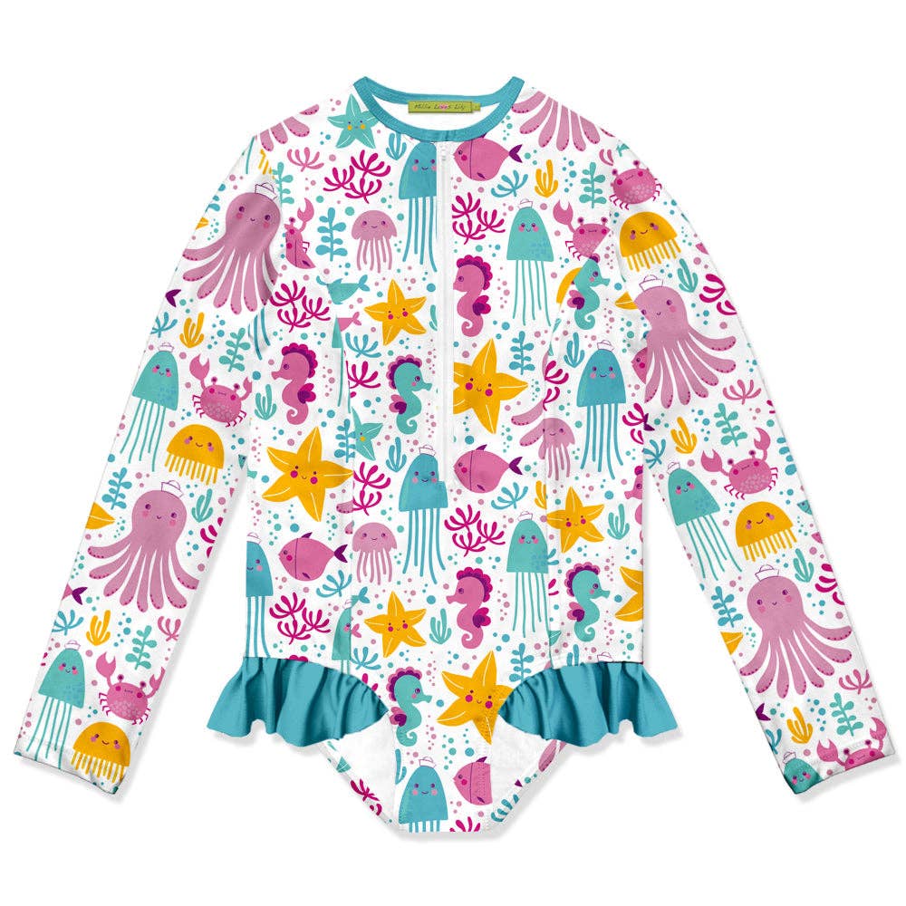 Millie Loves Lily - Girls Swim Ocean Wonder Ruffle-Accent One-Piece Rashguard