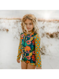 Oopsie Daisy Kids Mustard Tropical Zip Rash Guard One Piece Swimsuit