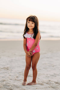 Sugar Bee Clothing - Girls Swimsuit - Bow Back - Pink Starfish