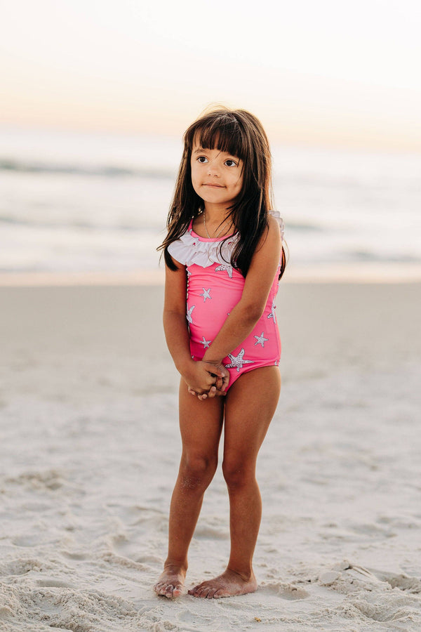Sugar Bee Clothing - Girls Swimsuit - Bow Back - Pink Starfish