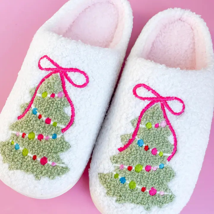 Rock Paper Scicors Pink Bow Christmas Tree Slippers