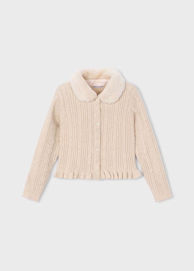 Mayoral Girl Knit Cardigan With Faux Fur Collar- Milk Heather