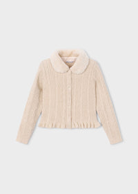 Mayoral Girl Knit Cardigan With Faux Fur Collar- Milk Heather
