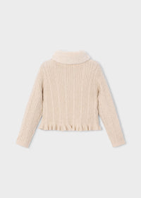 Mayoral Girl Knit Cardigan With Faux Fur Collar- Milk Heather