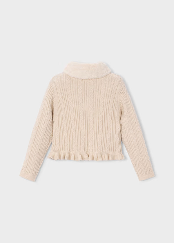 Mayoral Girl Knit Cardigan With Faux Fur Collar- Milk Heather