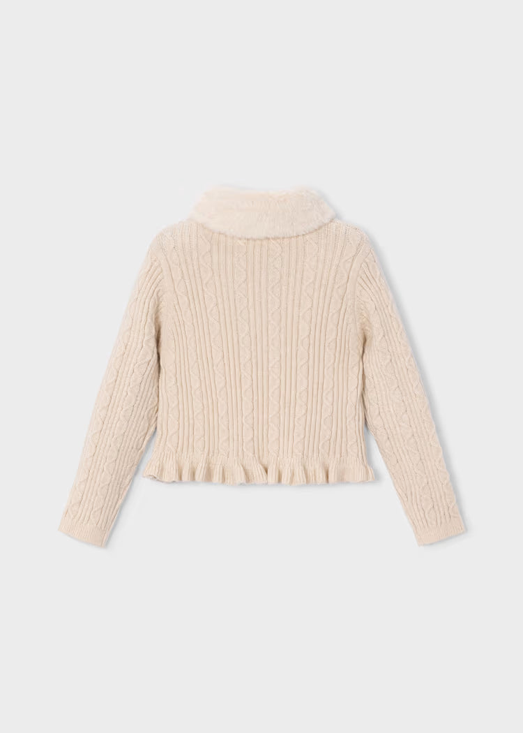 Mayoral Girl Knit Cardigan With Faux Fur Collar- Milk Heather