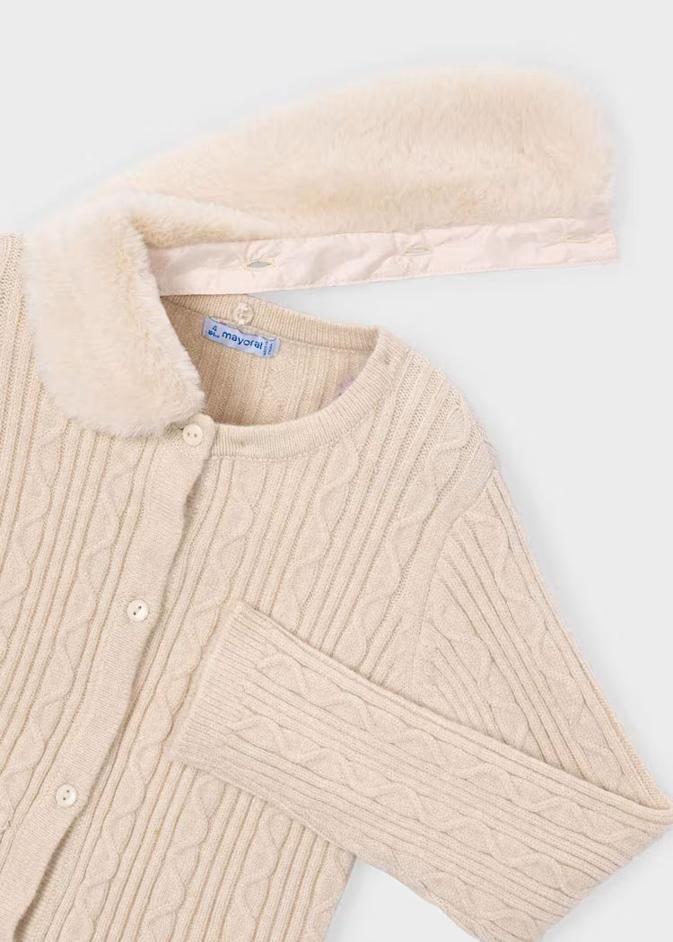 Mayoral Girl Knit Cardigan With Faux Fur Collar- Milk Heather
