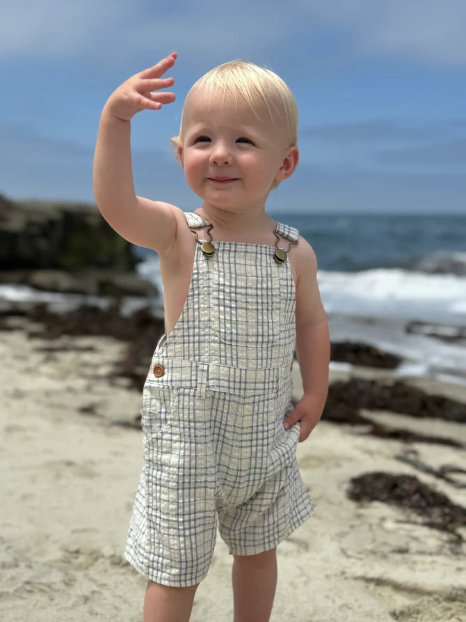 Me and Henry Galleon Chambray cream and plaid woven overalls