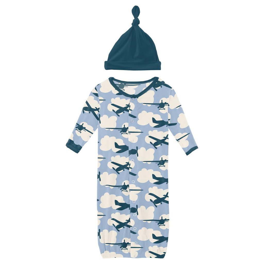 Kickee Pants Print Layette Gown & Single Knot Hat Set - Pond Airplanes
