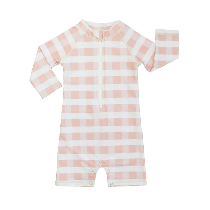 Emerson and Friends Pink Gingham Girls One Piece Rash Guard Swimsuit