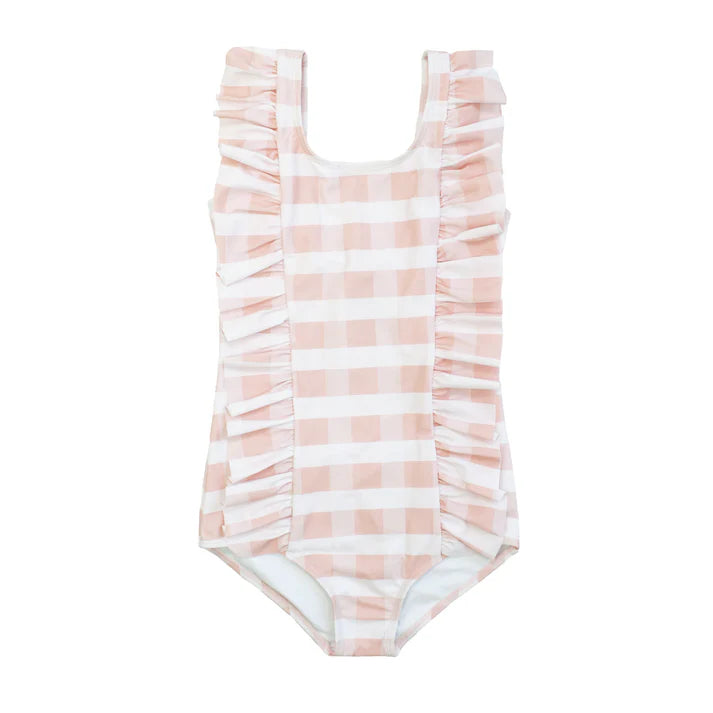 Emerson and Friends Pink Gingham Ruffle Front One Piece Girls Swimsuit