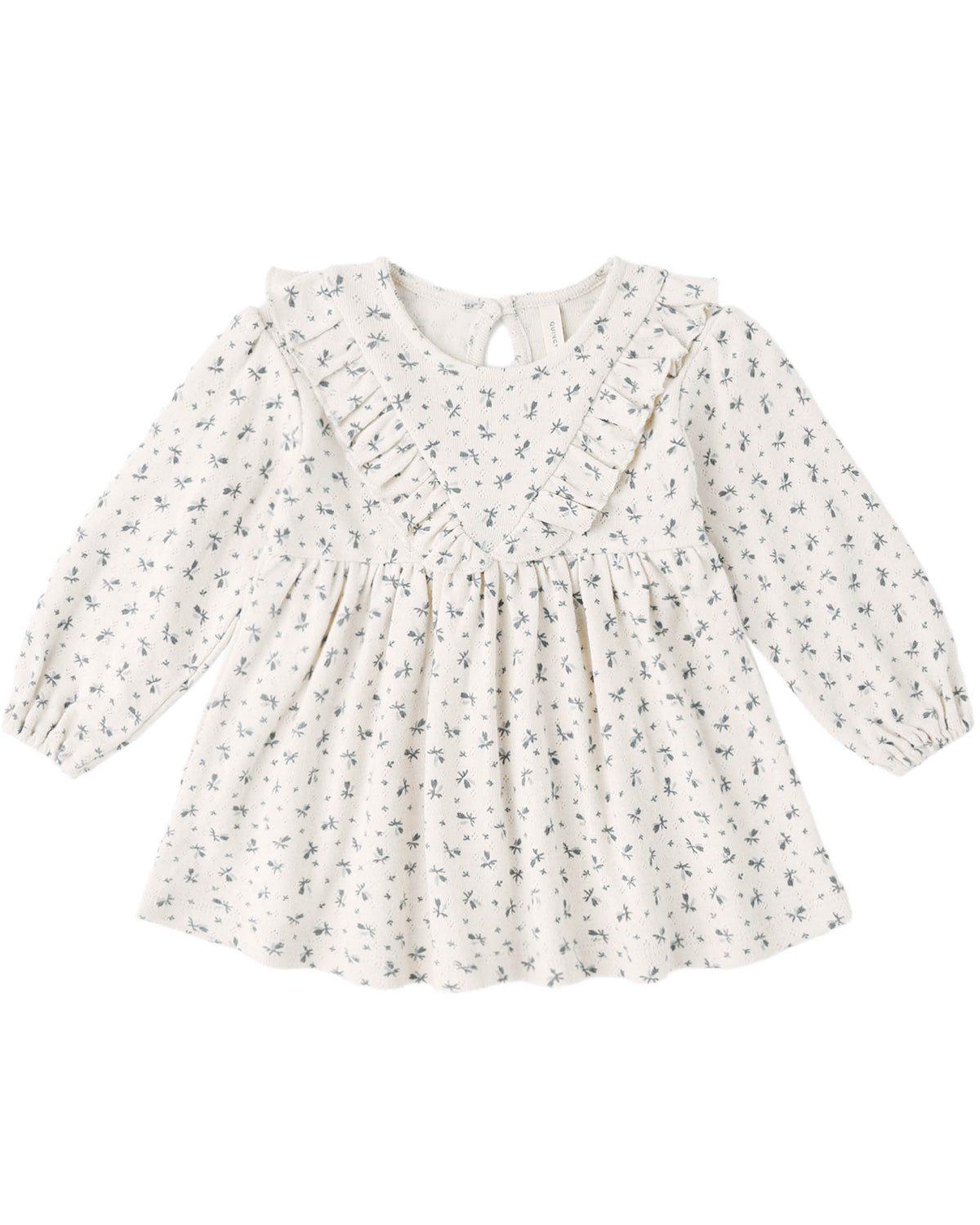 Quincy Mae Long Sleeve Ruffle V Dress- Blue Ditsy