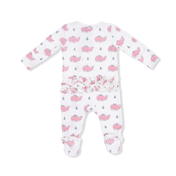 Angel Dear Bubbly Whale With Bow Pink - 2 Way Ruffle Back Zipper Footie