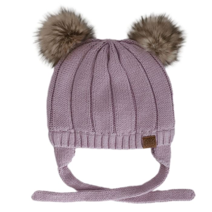 Calikids Cotton Knit Hat Double Pom Pom with Chin strap and fur lining