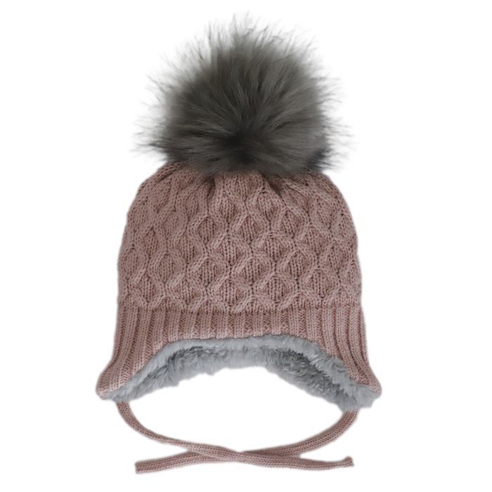Calikids Knit Cotton hat with Grey fur lining, ear covers and tie