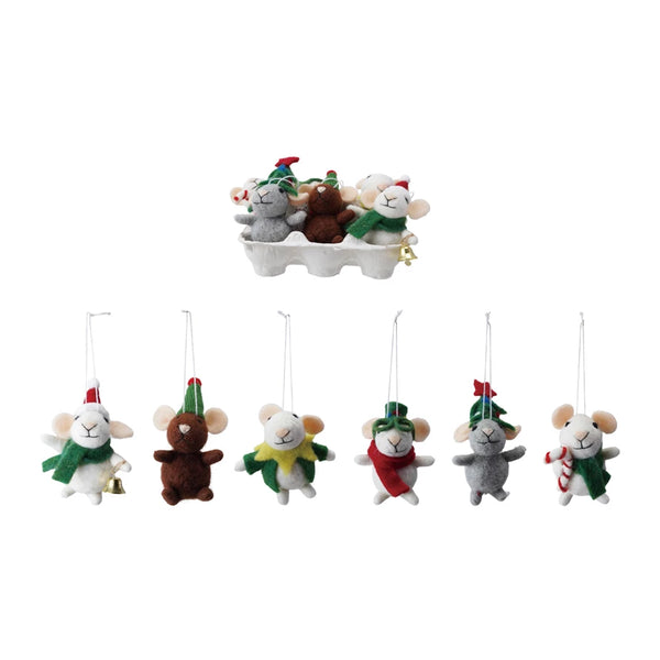 Creative Co-op Handmade Wool Felt Mice Ornaments in Egg Crate, Set of 6
