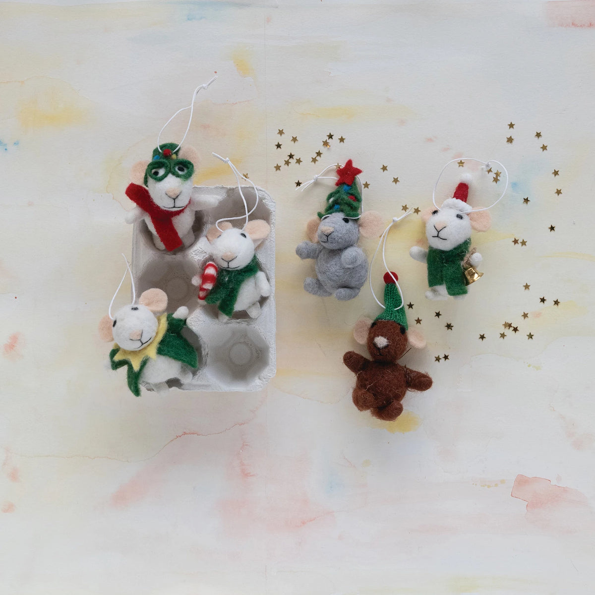 Creative Co-op Handmade Wool Felt Mice Ornaments in Egg Crate, Set of 6