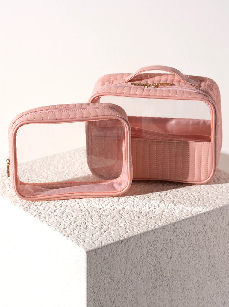 SHIRALEAH EZRA QUILTED NYLON SET OF 2 CLEAR COSMETIC CASES, BLUSH