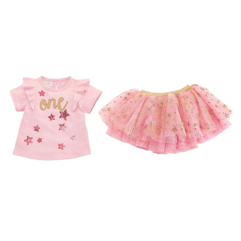 Mud Pie First Birthday Tee & Pink Sequin Skirt Set