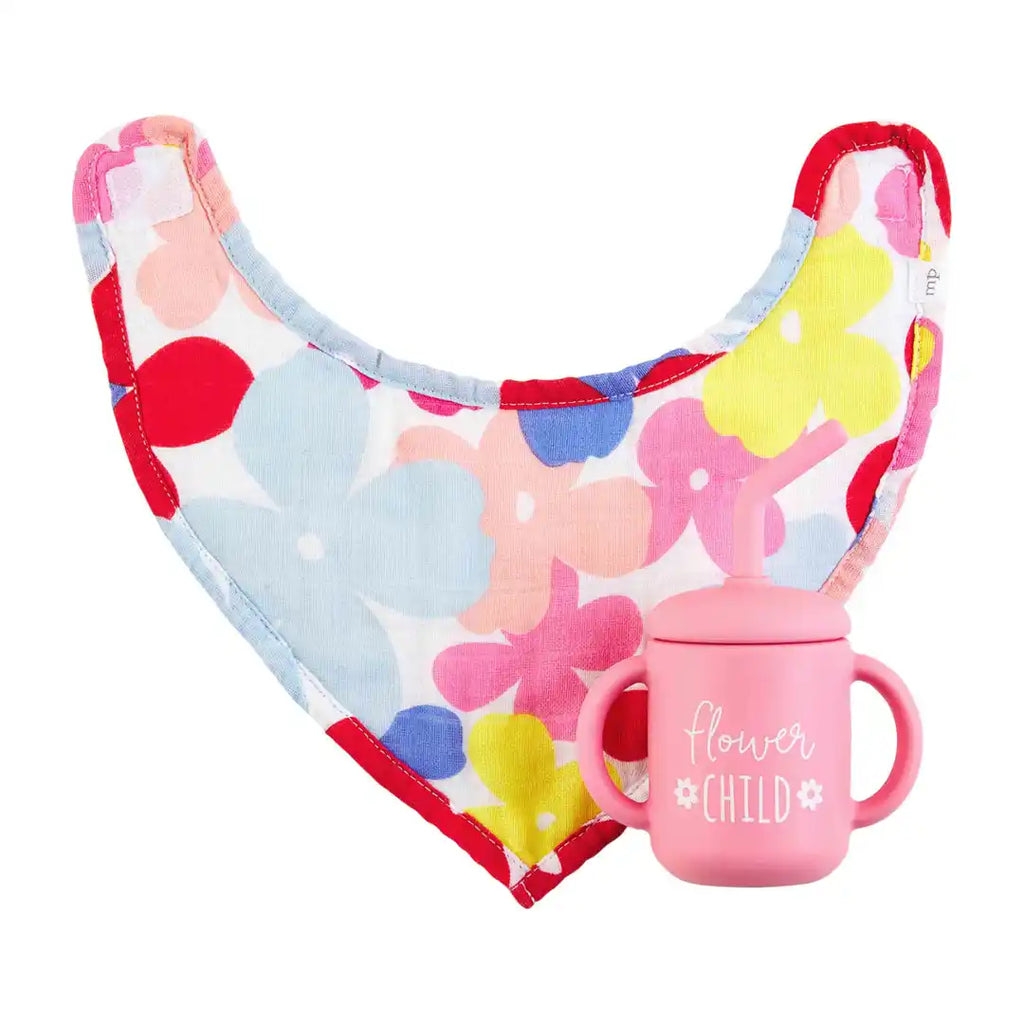 Silicone Straw Cup and Bib Set-Flower