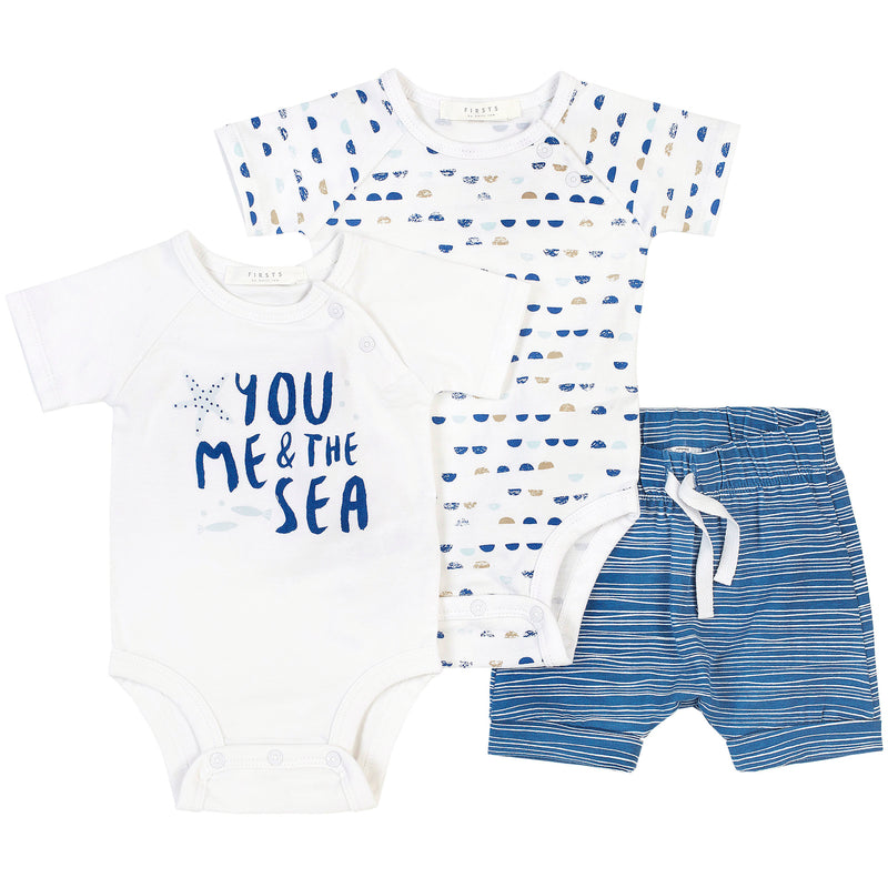 Petit Lem Firsts Ocean Blue - 3Pc Set 2 Diaper Shirts & Short