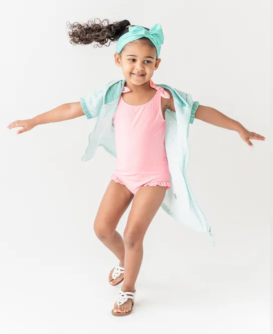 Ruffle Butts Terry Full-ZipCover Up - Vintage Aqua Stripe