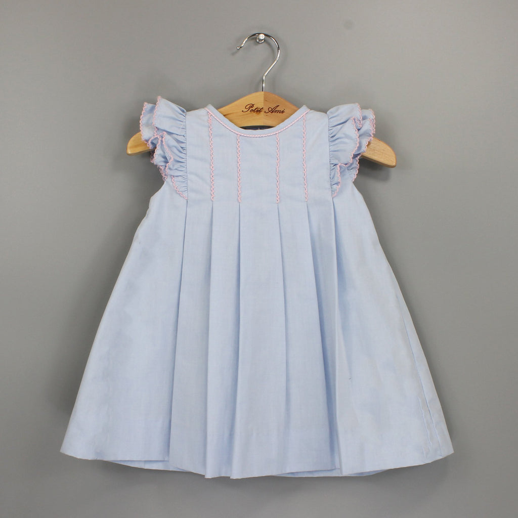 Blue Angelwing Dress with Smocking and Pink Trim