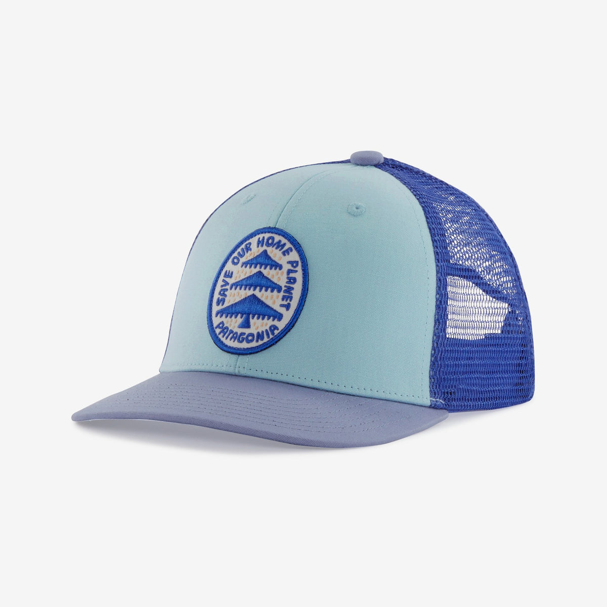 Patagonia Kid's Trucker Hat- How To Save Badge: Fin Blue
