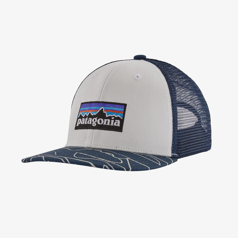 Patagonia Kids Trucker hat- P-6 Log: White with Bartolome Stone Blue