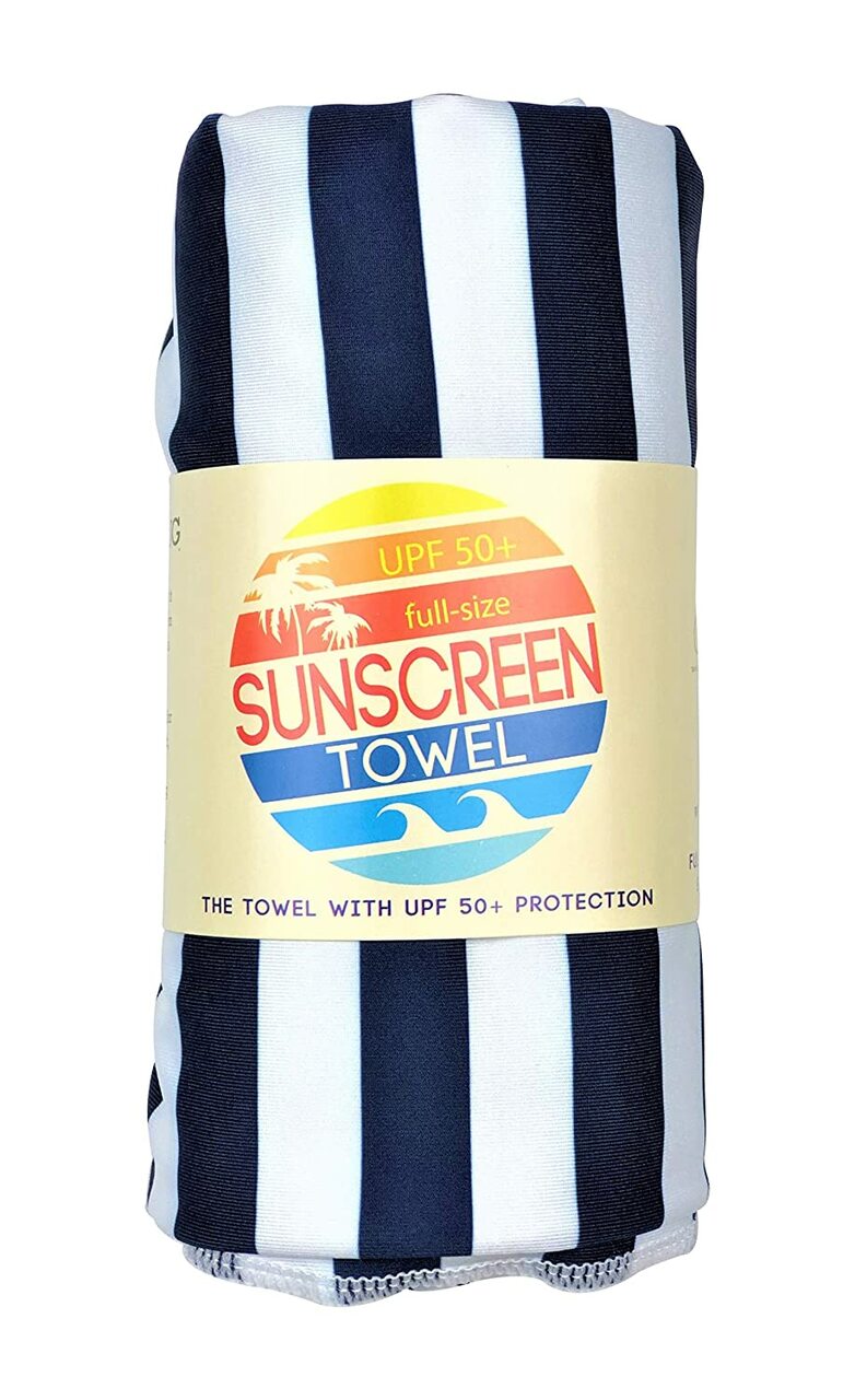 Luv Bug Co Hooded UPF 50+Sunscreen Towel - Full Size - Navy Stripes