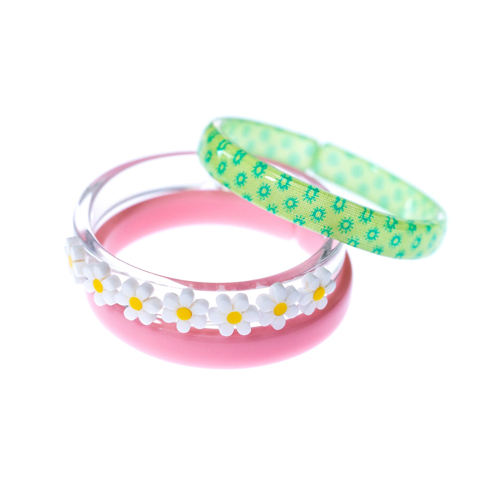 Lillies & Roses NY White+Pink Flowers+Green Print Bangle (set of 3)