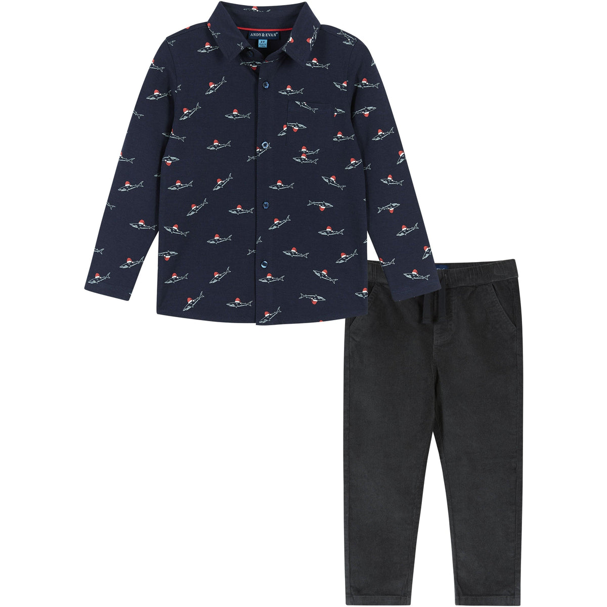 Andy & Evan Navy Holiday Sharks Knit Pique Buttondown