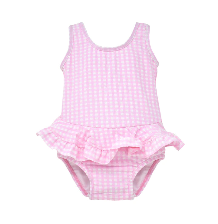Flap Happy UPF 50+ Stella Infant Ruffle Swimsuit - Pink Gingham Seersucker