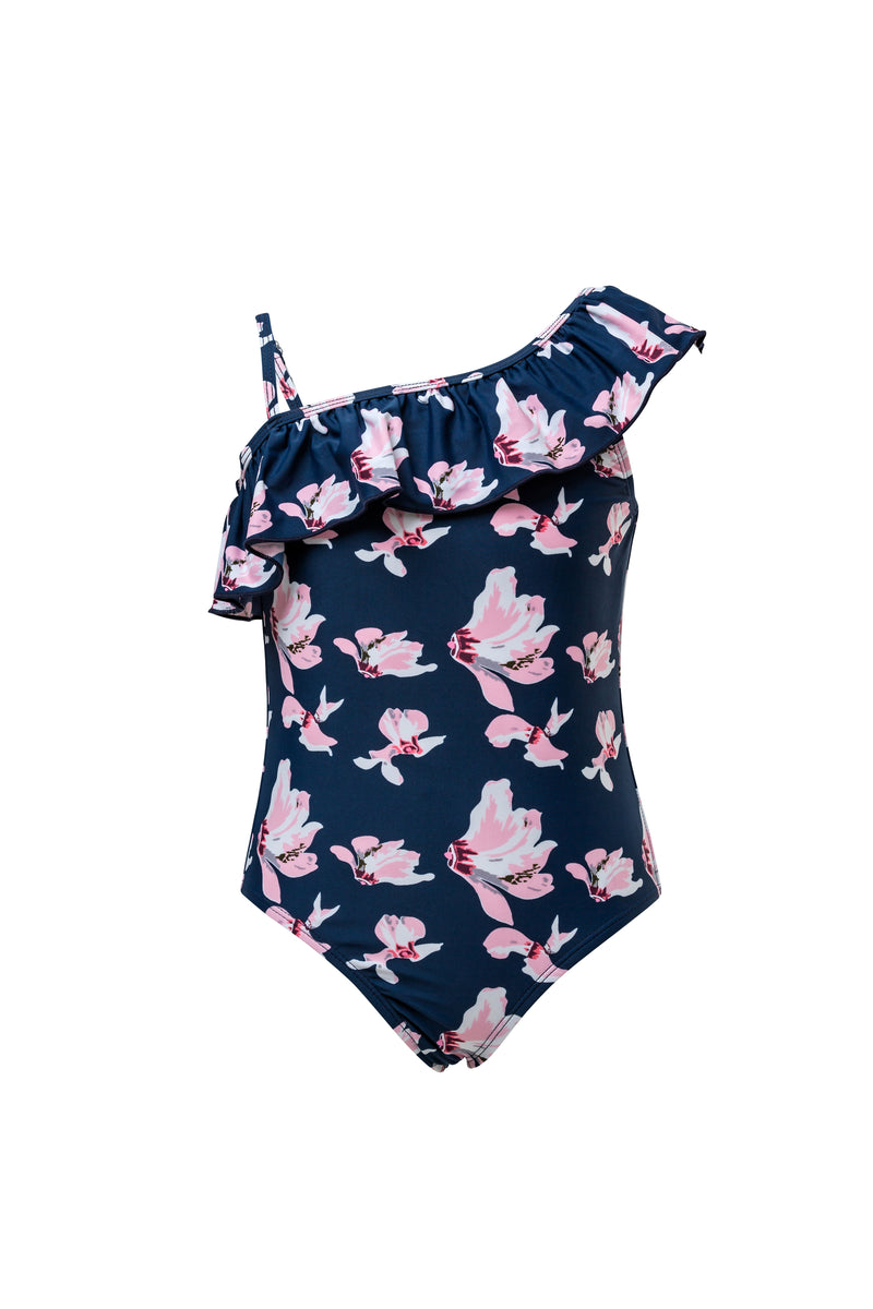 Snapper Rock NAVY ORCHID ONE SHOULDER FRILL SWIMSUIT